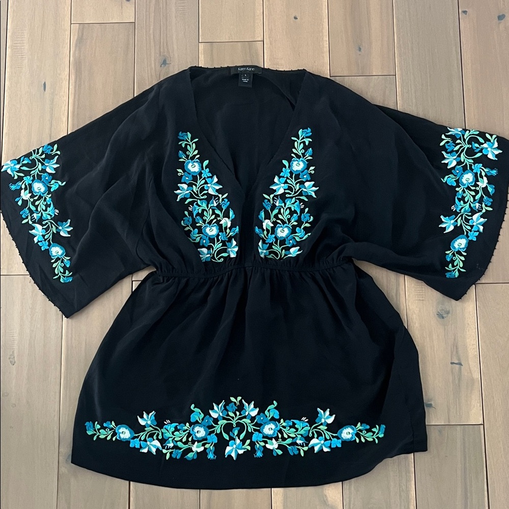 Karen Kane Black Kimono with Blue Embroidery